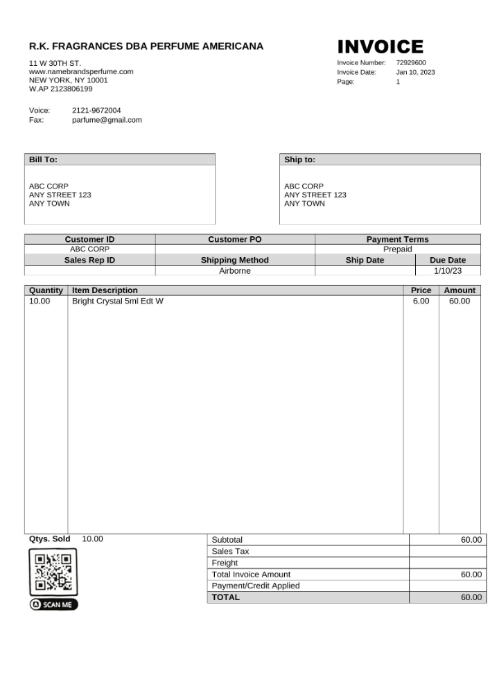 USA R.K. Fragrances DBA Perfume Americana invoice Word and PDF template PSD template